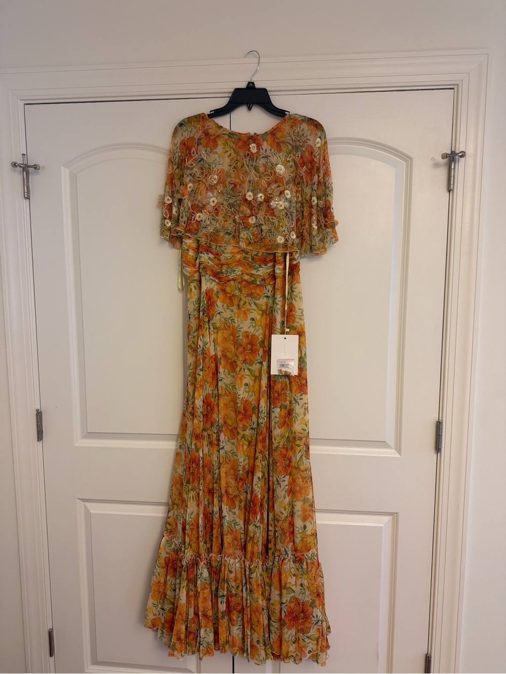 Mac Duggal Floral Orange Maxi Dress with Embellished Capelet